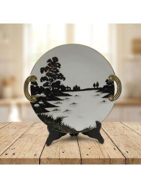Nippon Scenic Landscape Plate Black White & Gold Two Handles Japan Vintage 11"